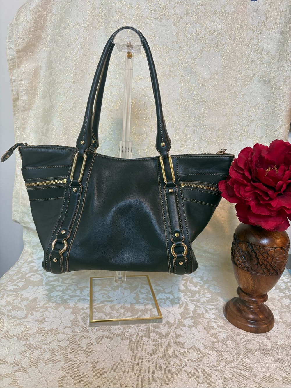 Cole Haan Dark Green Paige Leather Satchel with Gold Hardware - Picture 6 of 11